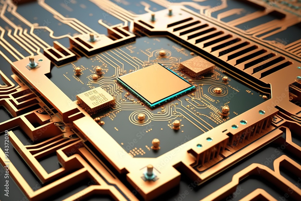 Poster closeup of a gold-plated microchip on a circuit board.