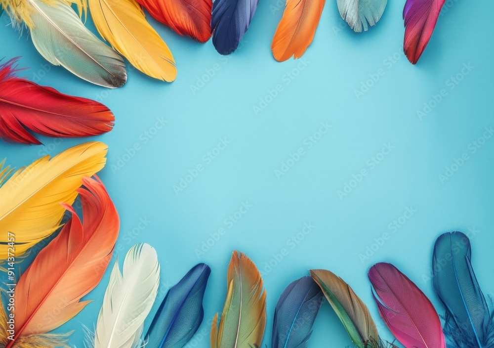 Poster colorful feathers arranged on a blue background, creating a vibrant and playful frame with ample neg