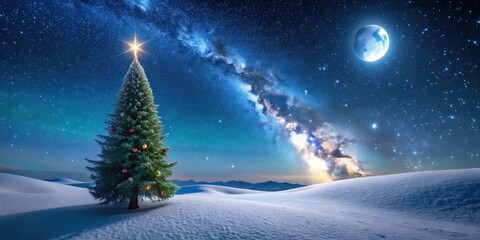 Christmas tree on snowy hills under a starry sky with crescent moon and Milky Way, Christmas, tree, snowy hills