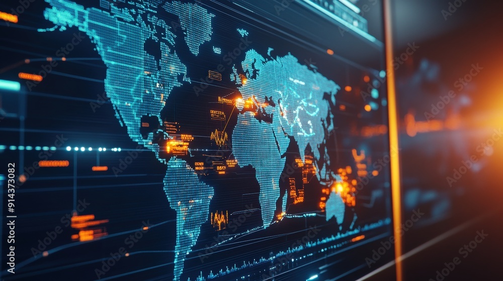 Poster a computer screen displays a colorful, glowing map of the world. the map is made up of tiny dots tha