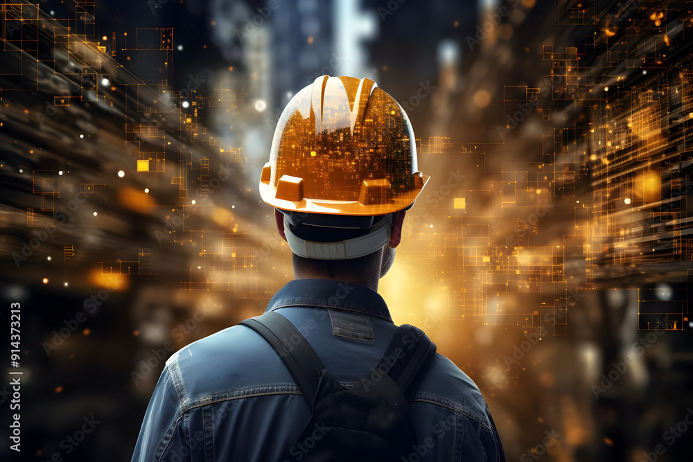 Poster construction worker with digital interface in background.
