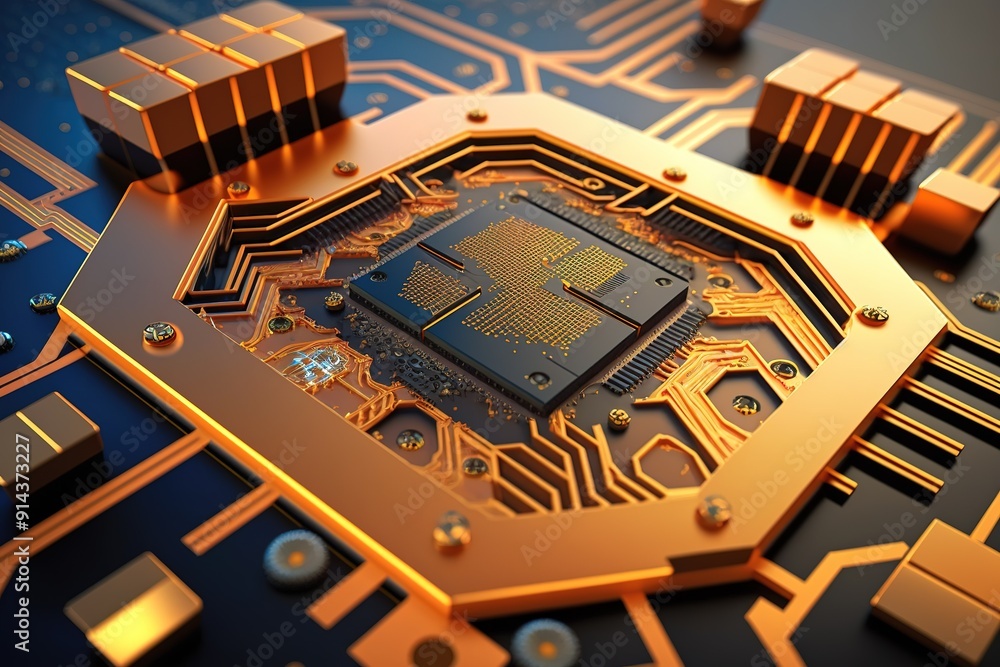 Aufkleber close-up of a gold-plated microprocessor on a circuit board.