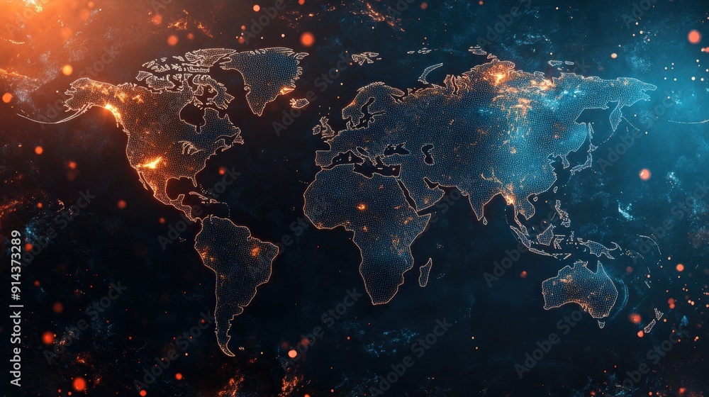 Poster a computer generated image of the world with a blue background and orange and blue lights. the light