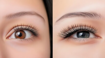 Obraz premium Close-up of two eyes showcasing different colors, highlighting eyelashes and makeup for beauty and cosmetic themes.