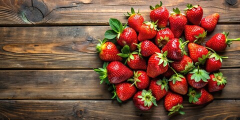 Organic strawberries arranged beautifully on a rustic wooden table , fresh, ripe, juicy, healthy, red, fruit
