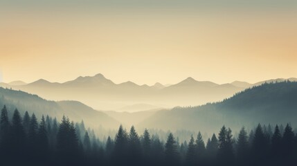 Obraz premium Photograph of a misty mountain range with pine trees silhouetted against the sunrise, in a hipster retro style.