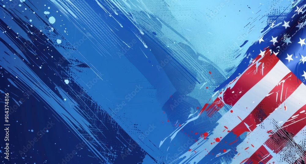 Poster digital background featuring an american flag blue color scheme, flat lay with a large space for tex