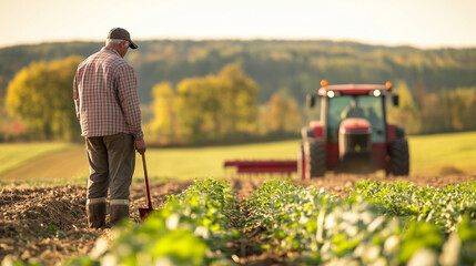 a dedicated farmer in a field, examining crops with a shovel and tractor in the background