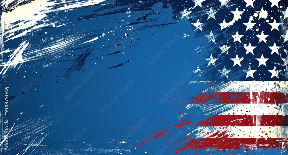 Poster the background is blue, with an american flag pattern generative ai