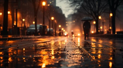 A city wet streets blurred background