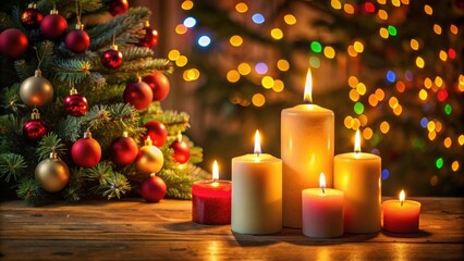 Christmas candles glowing with a festive Christmas tree in the background, Christmas, candles, holiday, celebration
