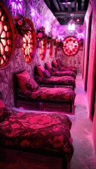 Fototapeta premium A spacious room with beds lined up, lit by soft pink lights