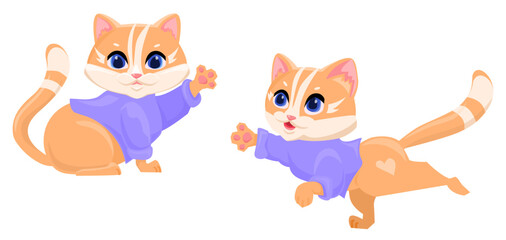Red cat playing with a ball of thread in different poses. Vector cartoon flat illustration. different cat character on white background. 