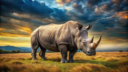 Obraz premium A detailed photo of a majestic rhino in its natural habitat, wildlife, Africa, endangered, horn, big five, safari, powerful