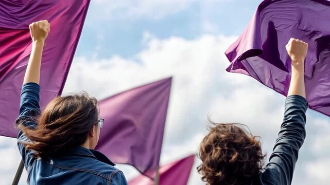 A young woman raises her purple flag with determination, her fist held high as a symbol of the fight for gender equality. A powerful fighter in the feminist movement. Generative AI.