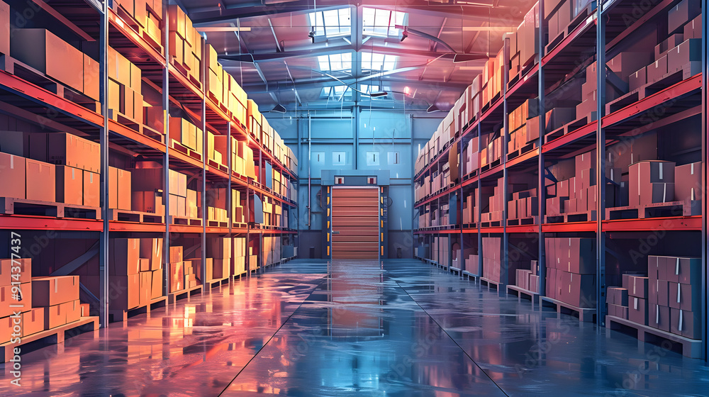 Poster empty warehouse with rows of stacked boxes and a large door at the end.