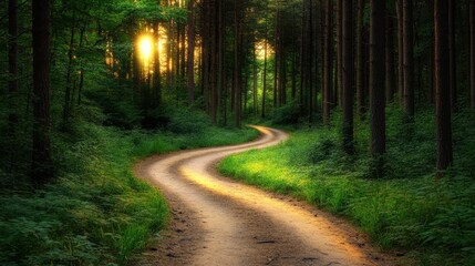 Fototapeta premium Serene Sunset Forest Path Winding through Majestic Pines