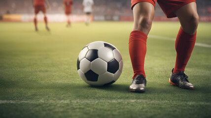 Fototapeta premium A soccer player's feet are kicking a ball on the field.