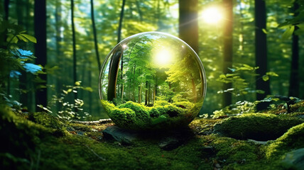 Konzept f&uuml;r erneuerbare Energie, gr&uuml;ne Gl&uuml;hbirne im Wald