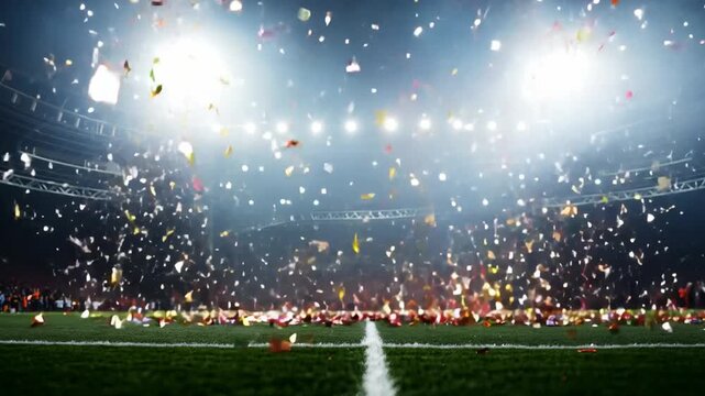 The football field transforms into a spectacle of celebration as confetti fills the air, marking the team glorious triumph at the stadium. Generative AI