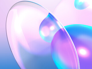 虹色に輝く球体とレンズの3D イラストレーション