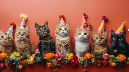Global Cat Day Celebration Felines in Festive Attire Embracing Cultural Diversity with Party Hats and Decorations from Around the World