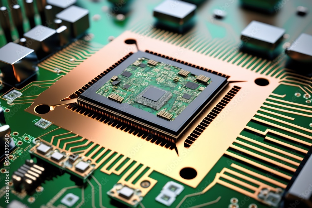 Poster closeup of a processor chip on a circuit board.