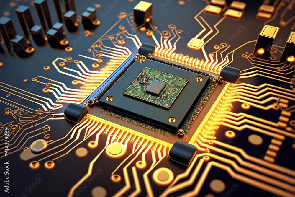 Poster closeup of a processor chip on a circuit board.