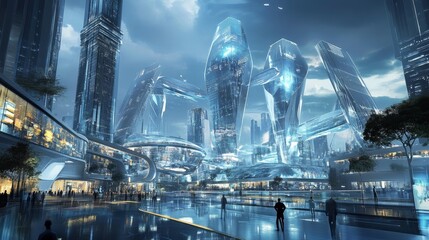 Futuristic urban scenes  digital renderings of modern cityscapes with sleek glass structures