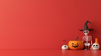 Cat in pumpkin, skeleton and witch beside, 3D illustration