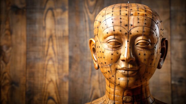 Ancient wooden face sculpture featuring acupuncture points , wood, face, sculpture, ancient, traditional, medicine