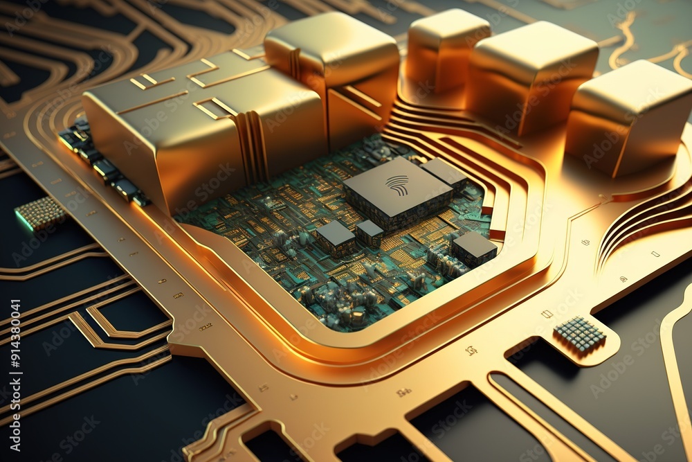 Poster close-up of gold circuit board with fingerprint sensor.