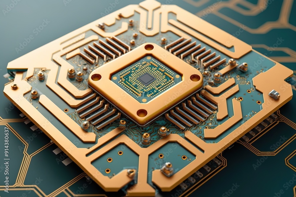 Poster close-up of gold circuit board with processor chip.