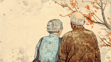 watercolor illustration, vintage postcard, World Alzheimer's Day, elderly couple, grandparents, light background, copy space free space for text