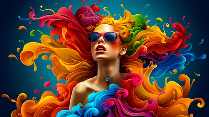 Collage: Beautiful colorful girl colorful hair, colorful curls and bubbles around woman's head, colorful dress, with swirling patterns of bright colors