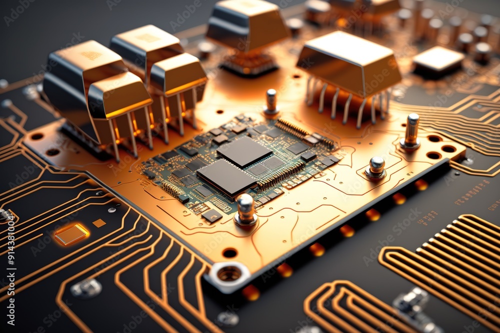 Poster close-up of gold plated circuit board with microchip.