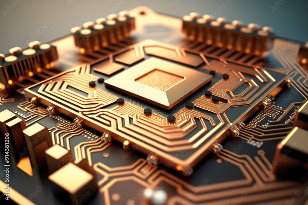 Poster close-up of gold processor on circuit board.