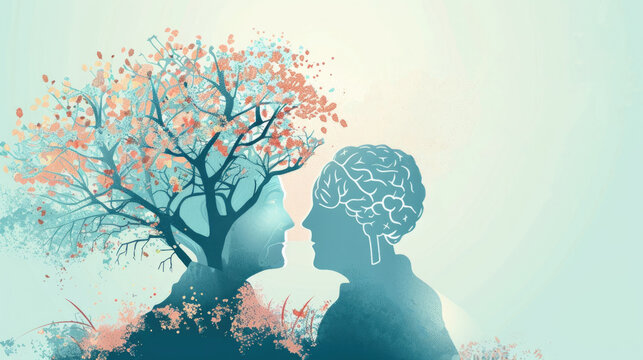 watercolor illustration, vintage postcard, World Alzheimer's Day, silhouette of an elderly married couple, grandmother and grandfather, blue background, copy space free space for text - Powered by Adobe