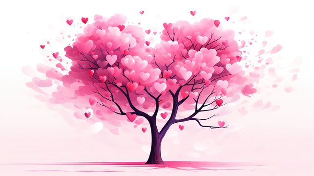 Pink hearts tree flat design side view affectionate theme water color complementary color scheme
