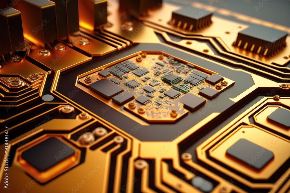 Poster closeup of golden circuit board with a processor.