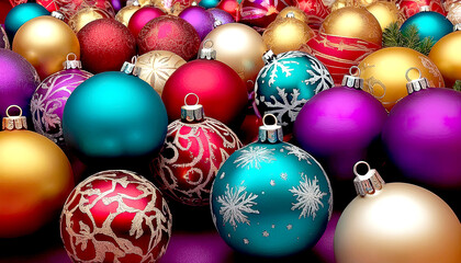 Beautiful glowing background with Christmas and New Year decorations and colorful balls. Christmas New Year fairytale mood. Christmas New Year winter home fairytale holiday.
