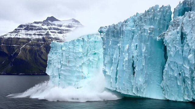 Chunks of ice breaking from the glacier edge signal the effects of global warming. The Perito Moreno glacier in Patagonia, Antarctica, destruction and danger of climate change. Generative AI