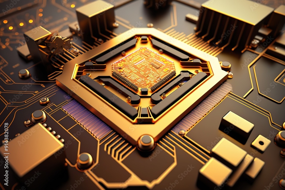 Poster close-up of golden circuit board with processor chip.