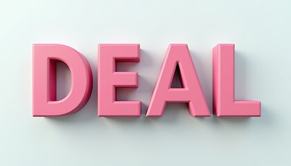 Pink 3D text 'DEAL' on a light background.