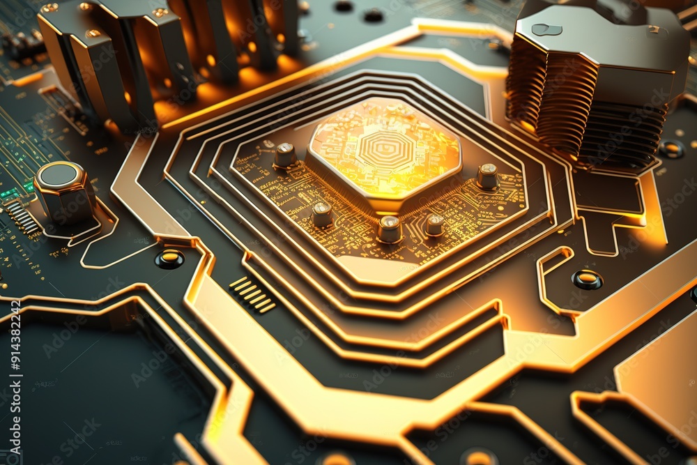 Poster close-up of golden circuit board with processor.