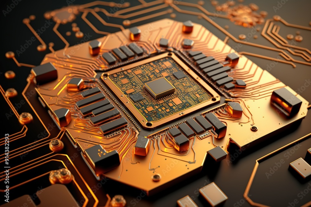 Aufkleber closeup of golden computer chip with intricate circuit board.