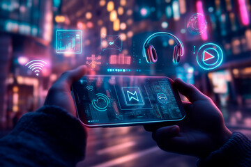 A hand holds a smartphone displaying several futuristic holographic icons, over a vibrant nighttime cityscape, representing advanced digital connectivity.