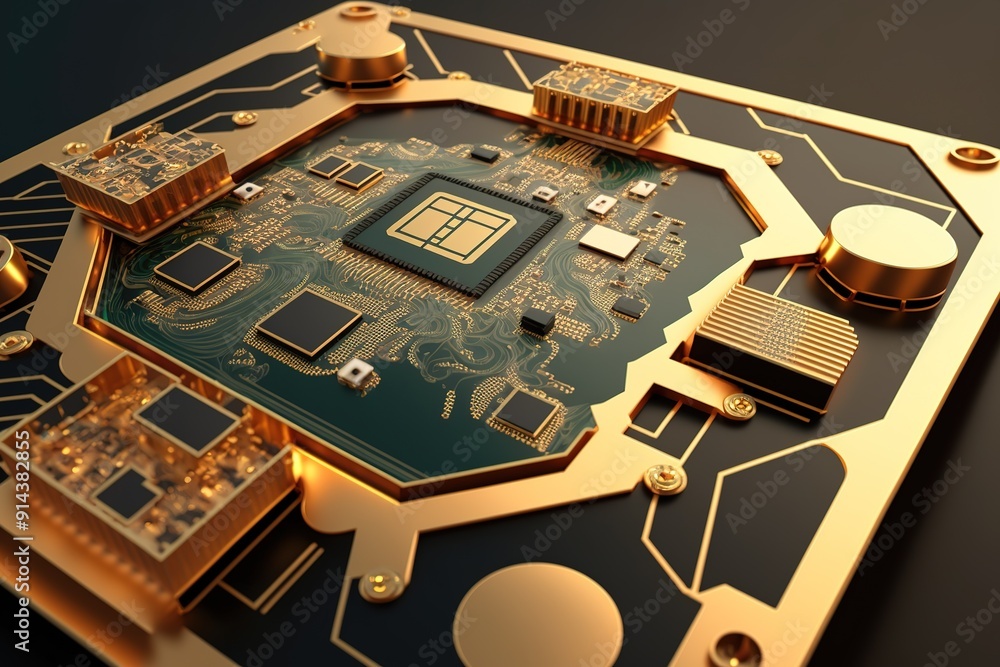 Poster gold circuit board with a central processor.