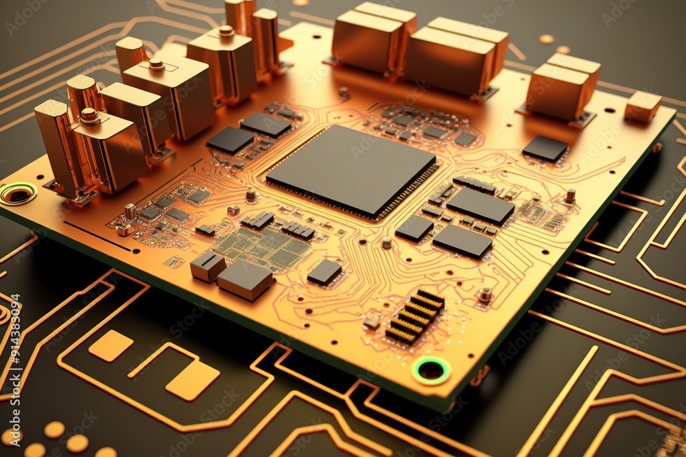 Poster gold circuit board with microchip.