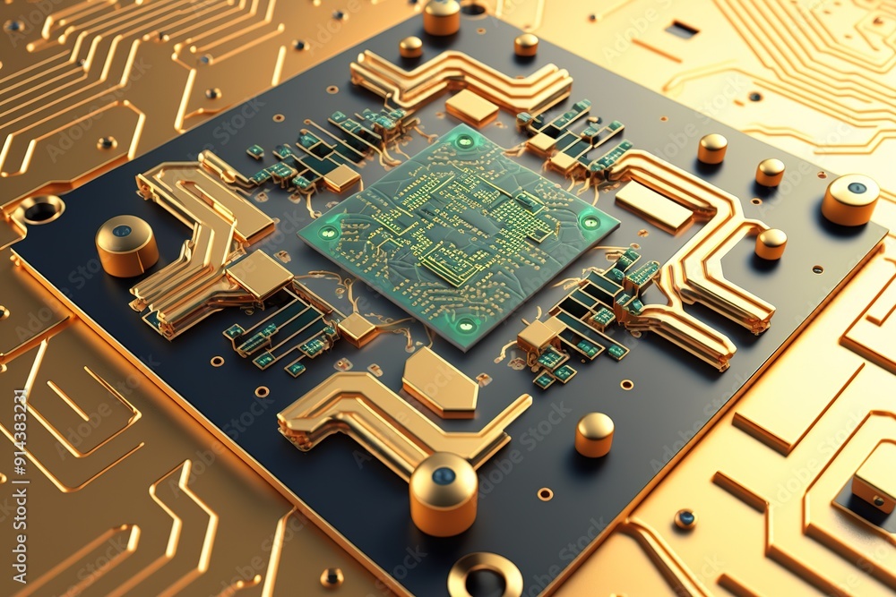 Poster gold circuit board with microchip.
